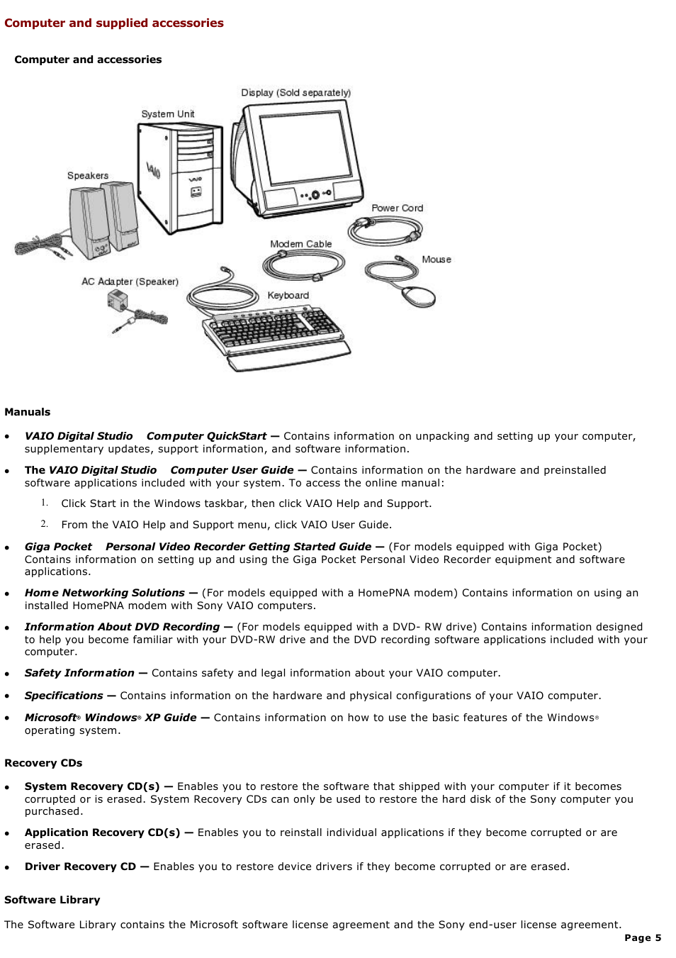 Computer and supplied accessories | Sony PCV-RX650 User Manual | Page 5 / 88