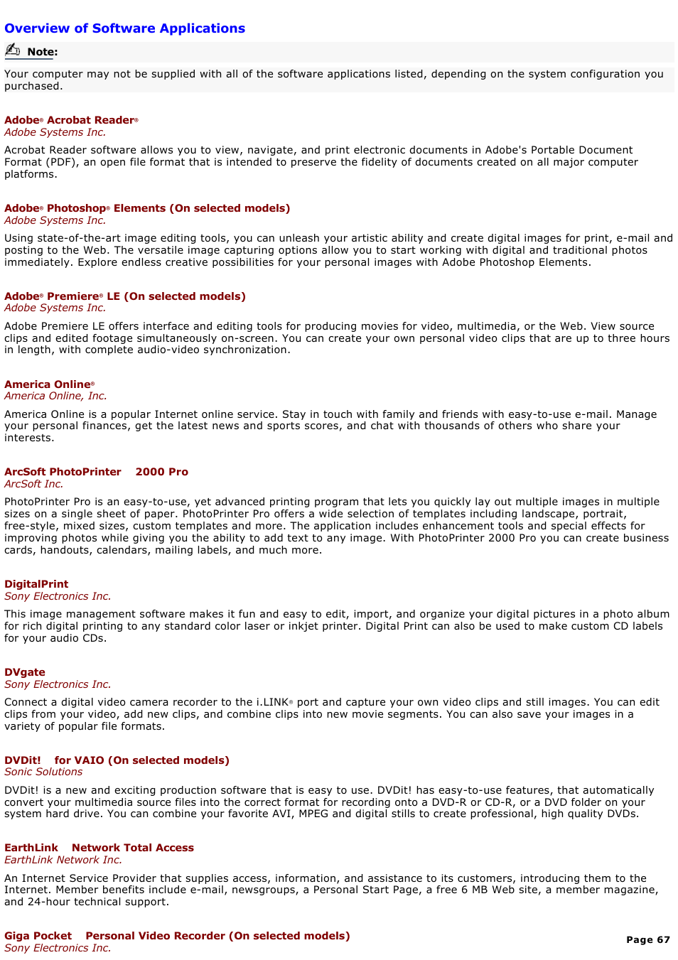 Overview of software applications | Sony PCV-RX650 User Manual | Page 67 / 88