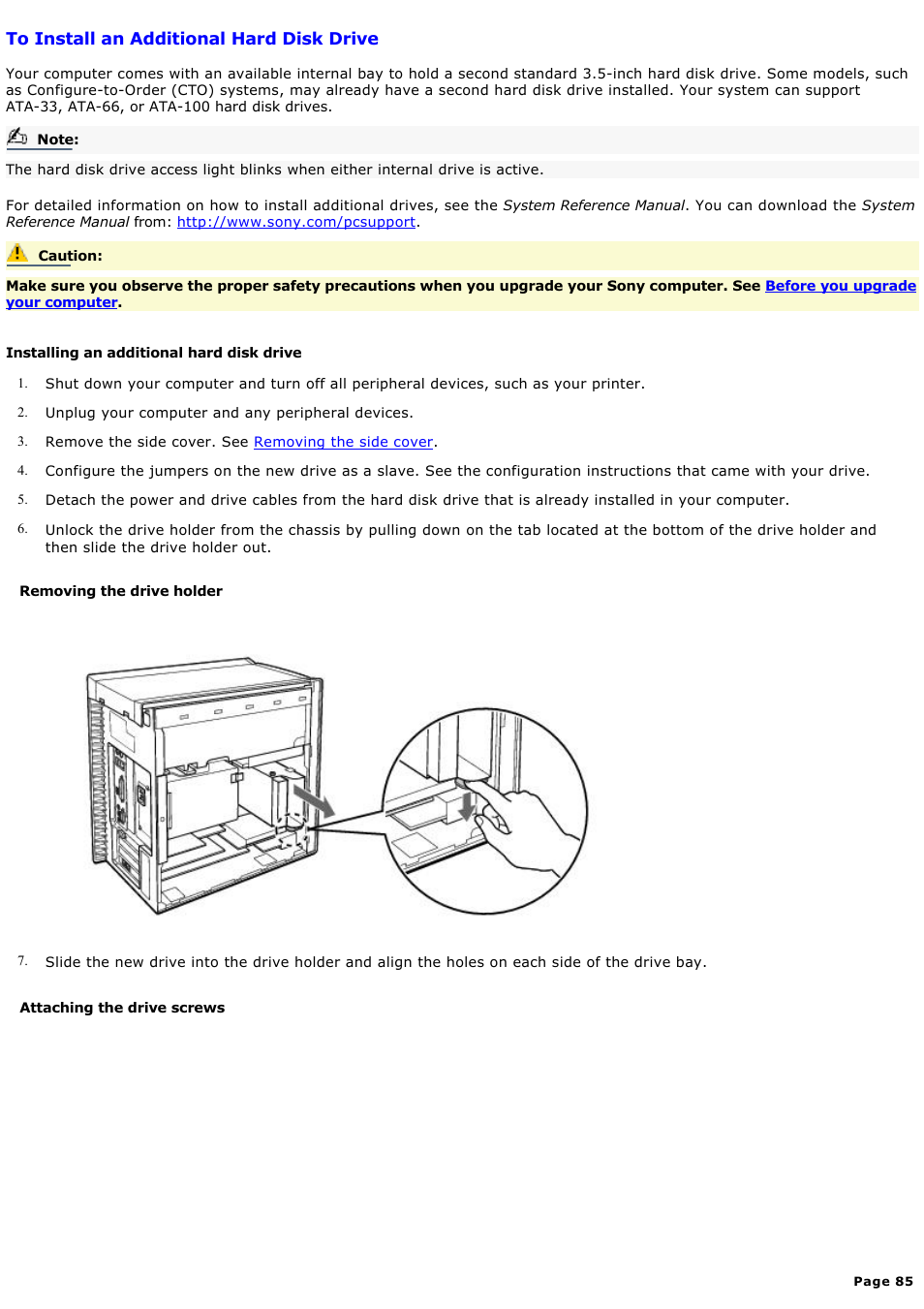 To install an additional hard disk drive | Sony PCV-RX650 User Manual | Page 85 / 88