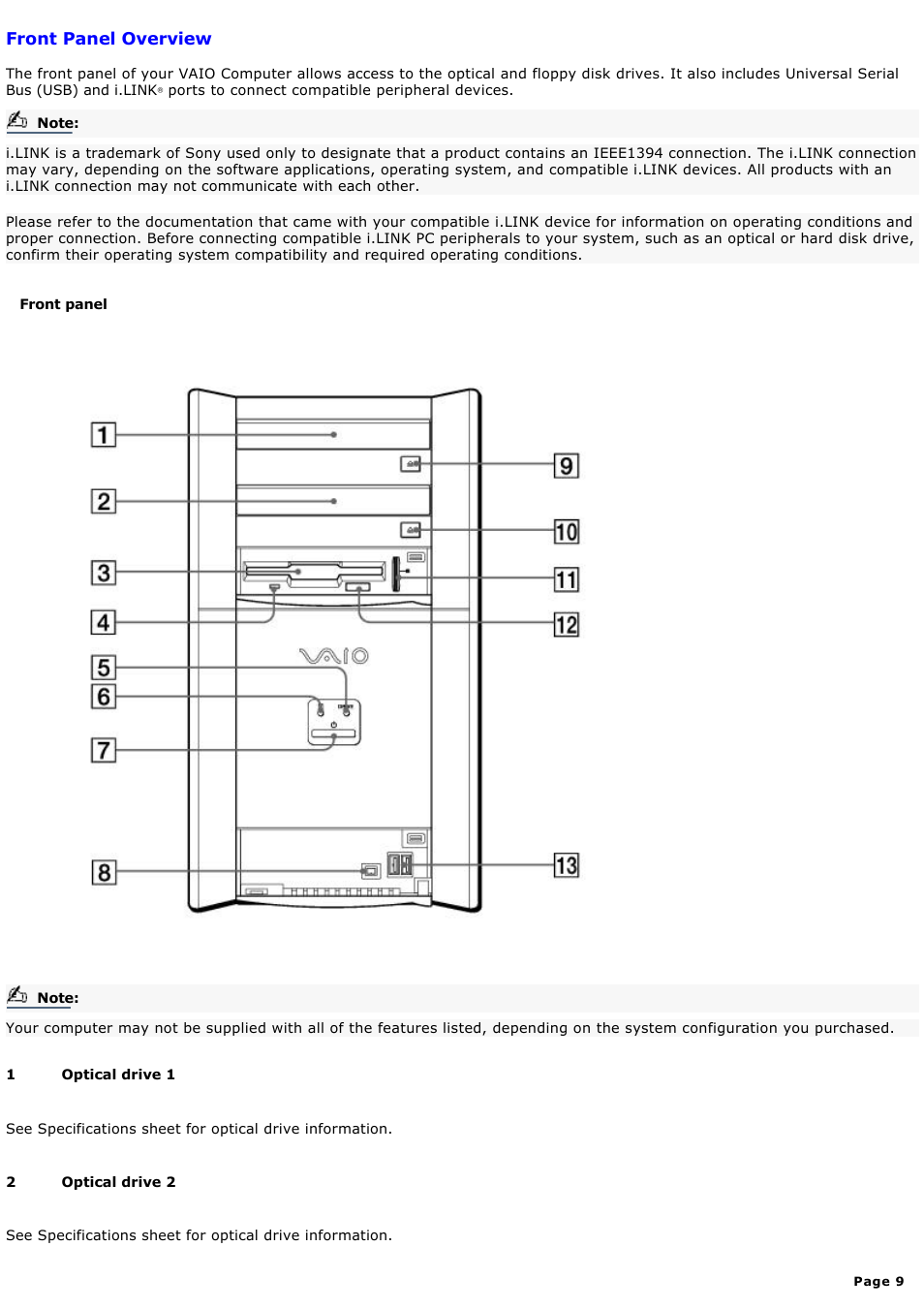 Front panel overview | Sony PCV-RX650 User Manual | Page 9 / 88