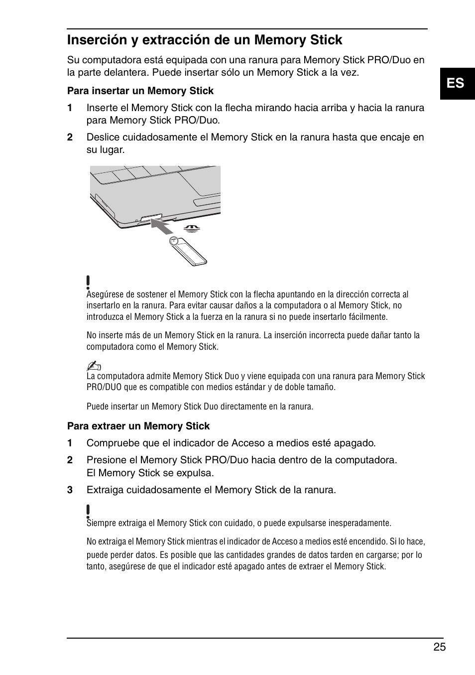 Inserción y extracción de un memory stick | Sony VGN-TXN29N User Manual | Page 27 / 36