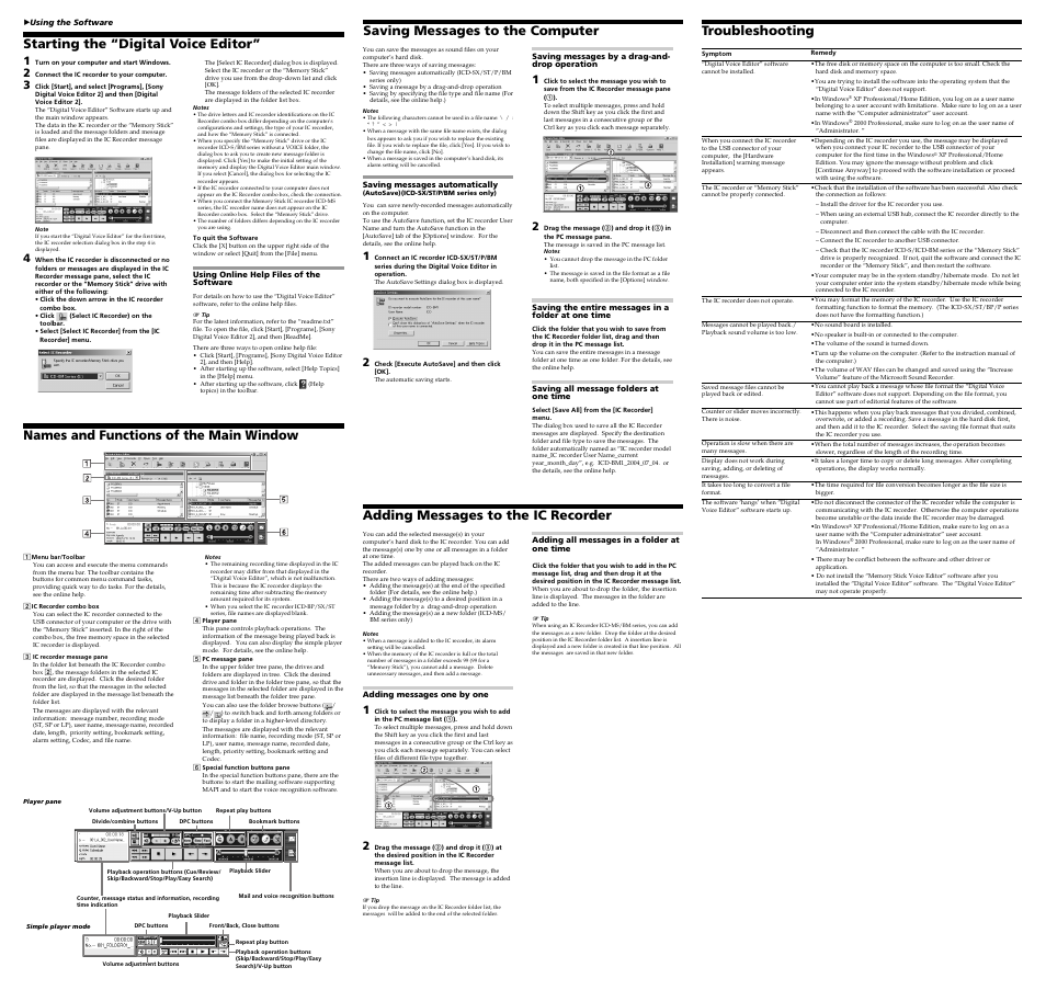 Troubleshooting, Saving messages to the computer, Adding messages to the ic recorder | Sony ICD-ST25VTP User Manual | Page 2 / 2