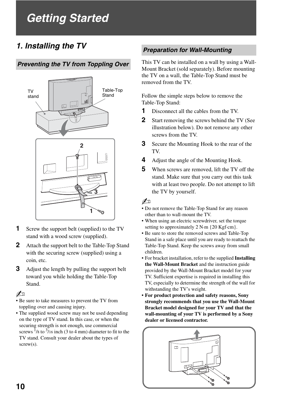 Getting started, Installing the tv, Preventing the tv from toppling over | Preparation for wall-mounting | Sony KDL-52WL130 User Manual | Page 10 / 56