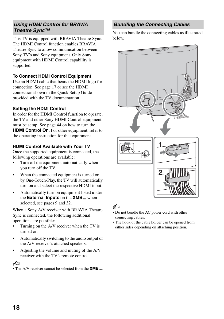 Using hdmi control for bravia theatre sync, Bundling the connecting cables, Using hdmi control for bravia theatre | Sync | Sony KDL-52WL130 User Manual | Page 18 / 56