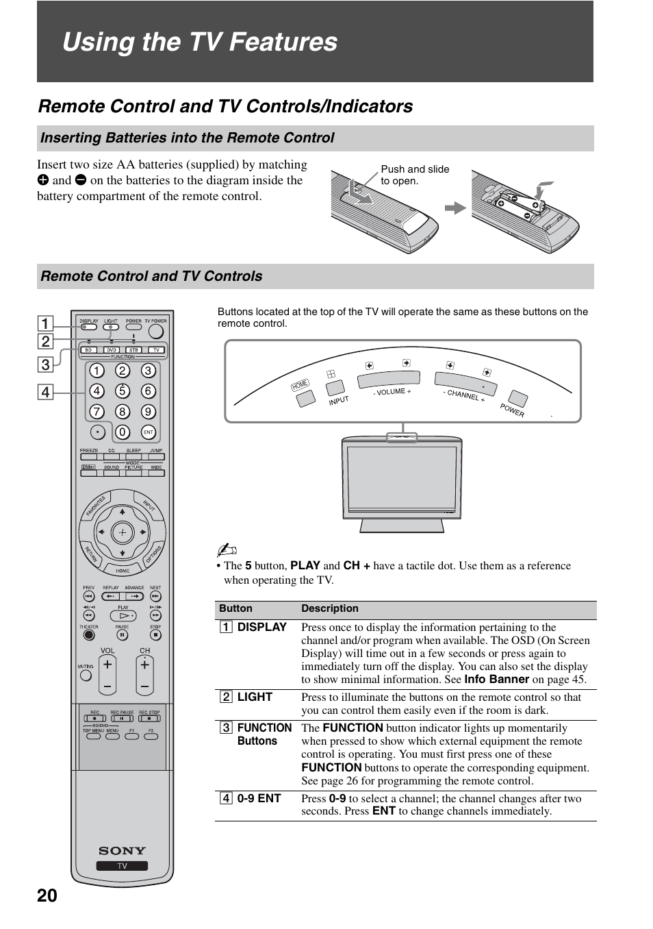 Using the tv features, Remote control and tv controls/indicators, Inserting batteries into the remote control | Remote control and tv controls, Indicators, Inserting batteries into the remote, Control | Sony KDL-52WL130 User Manual | Page 20 / 56