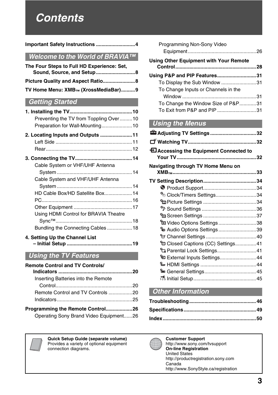 Sony KDL-52WL130 User Manual | Page 3 / 56