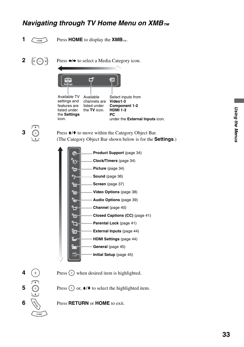 Navigating through tv home menu on xmb, Navigating through tv home menu on | Sony KDL-52WL130 User Manual | Page 33 / 56