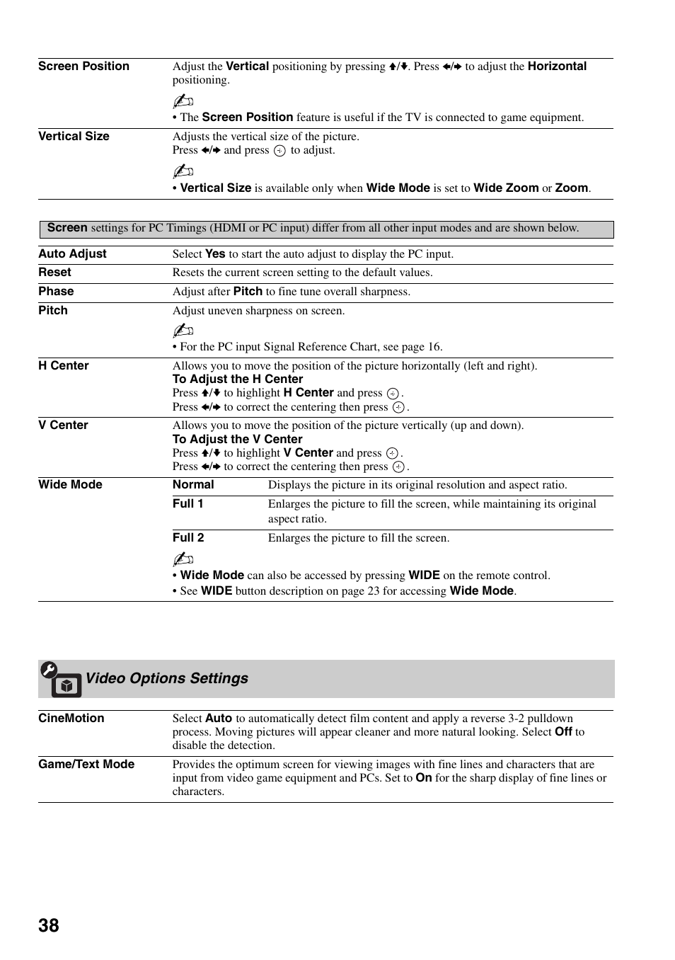 Video options settings, Nd 38 | Sony KDL-52WL130 User Manual | Page 38 / 56