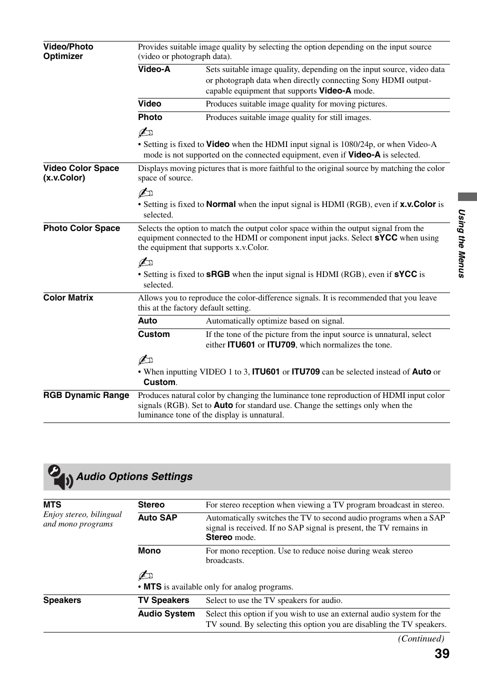 Audio options settings | Sony KDL-52WL130 User Manual | Page 39 / 56