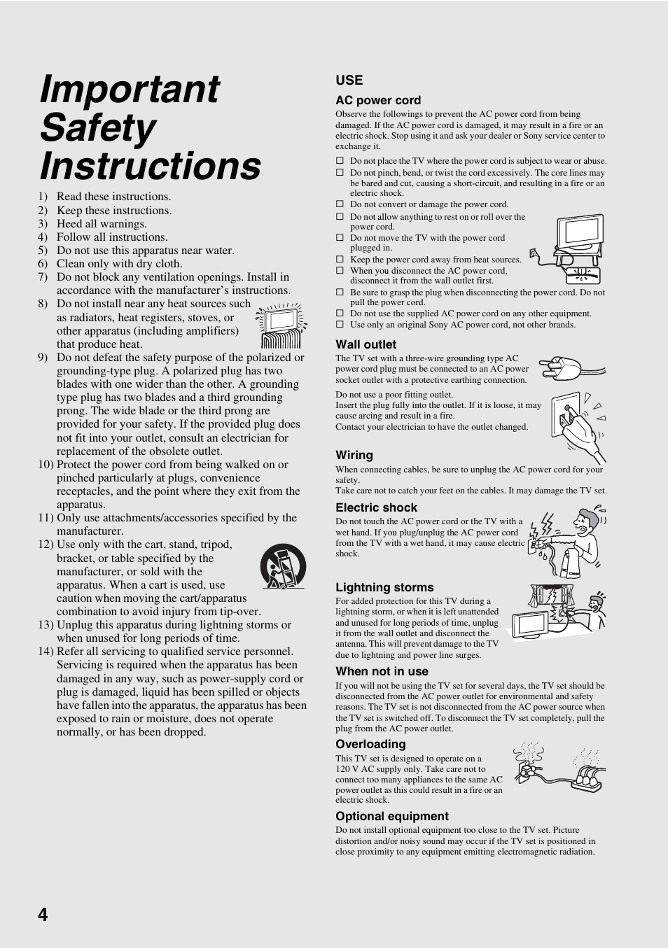 Important safety instructions | Sony KDL-52WL130 User Manual | Page 4 / 56