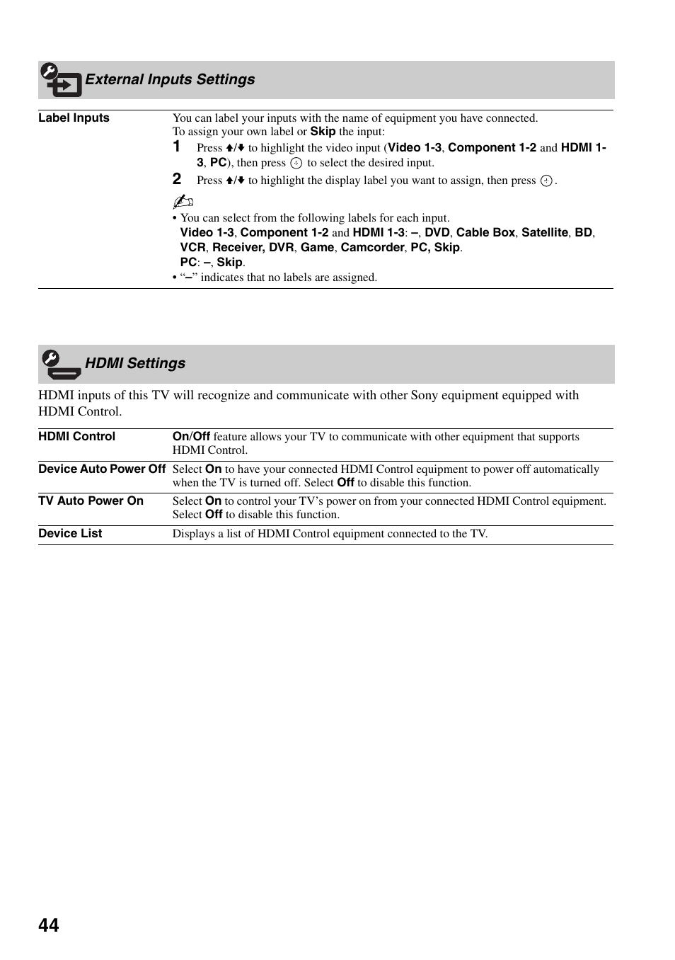 External inputs settings, Hdmi settings | Sony KDL-52WL130 User Manual | Page 44 / 56