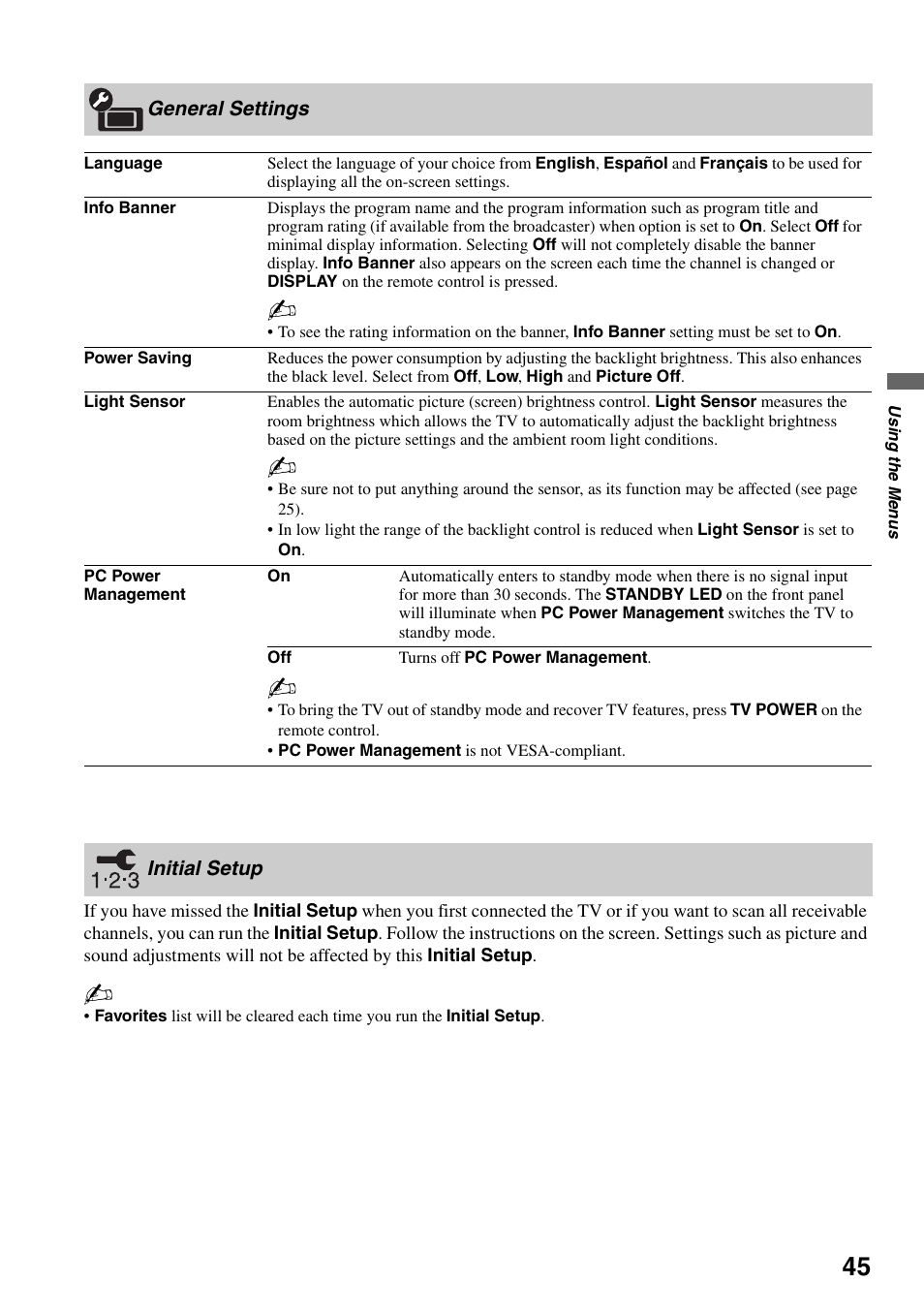 General settings, Initial setup, General settings initial setup | Sony KDL-52WL130 User Manual | Page 45 / 56