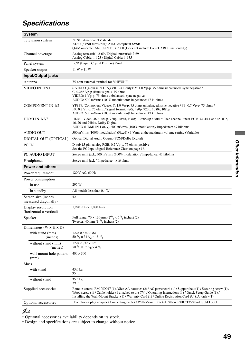 Specifications | Sony KDL-52WL130 User Manual | Page 49 / 56