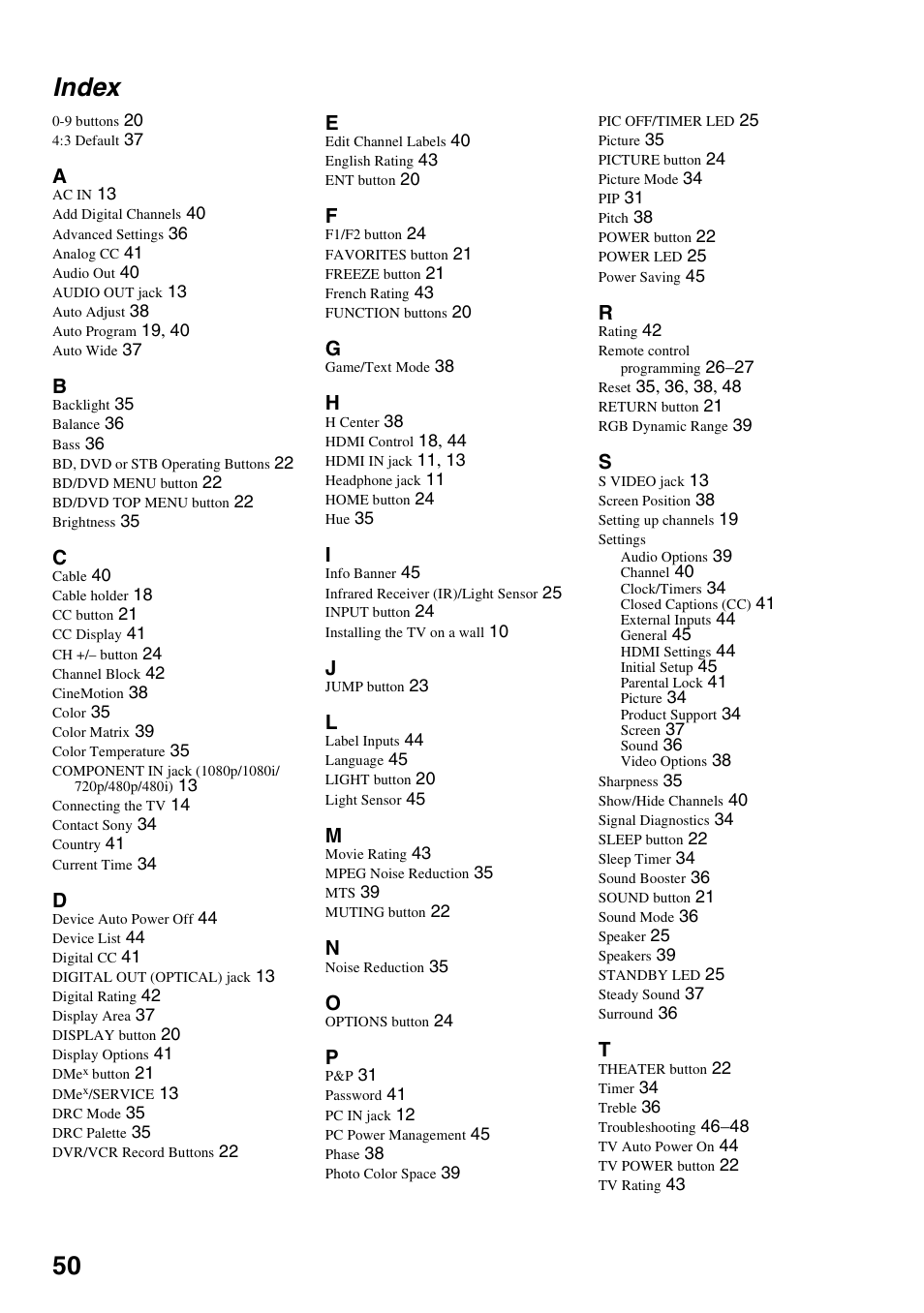 Index, 50 index | Sony KDL-52WL130 User Manual | Page 50 / 56