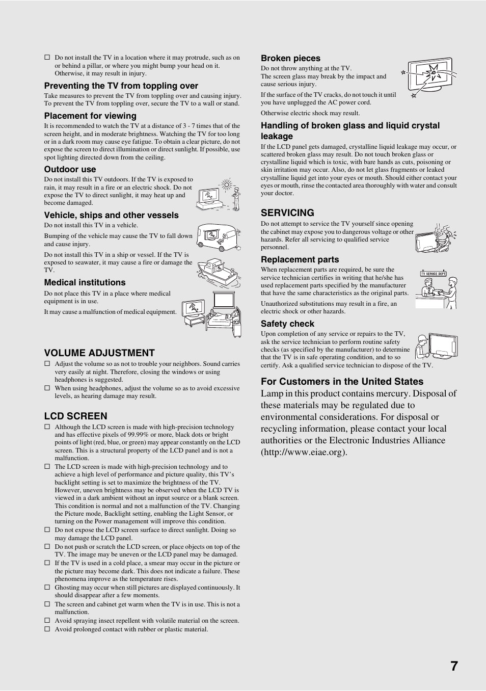 Volume adjustment, Lcd screen, Servicing | Sony KDL-52WL130 User Manual | Page 7 / 56