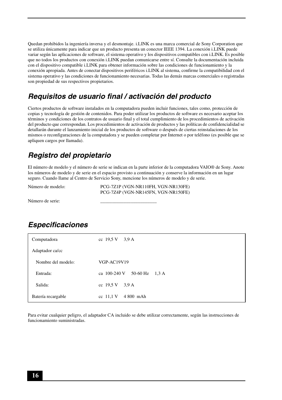 Registro del propietario, Especificaciones | Sony VGN-NR180E User Manual | Page 16 / 20