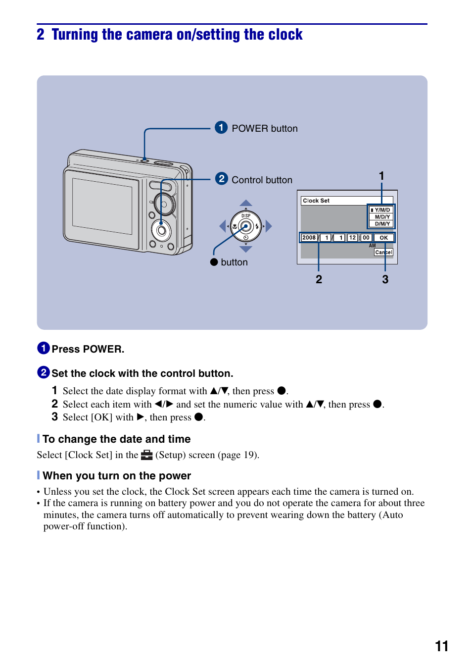 2 turning the camera on/setting the clock | Sony DSC-S730 User Manual | Page 11 / 32