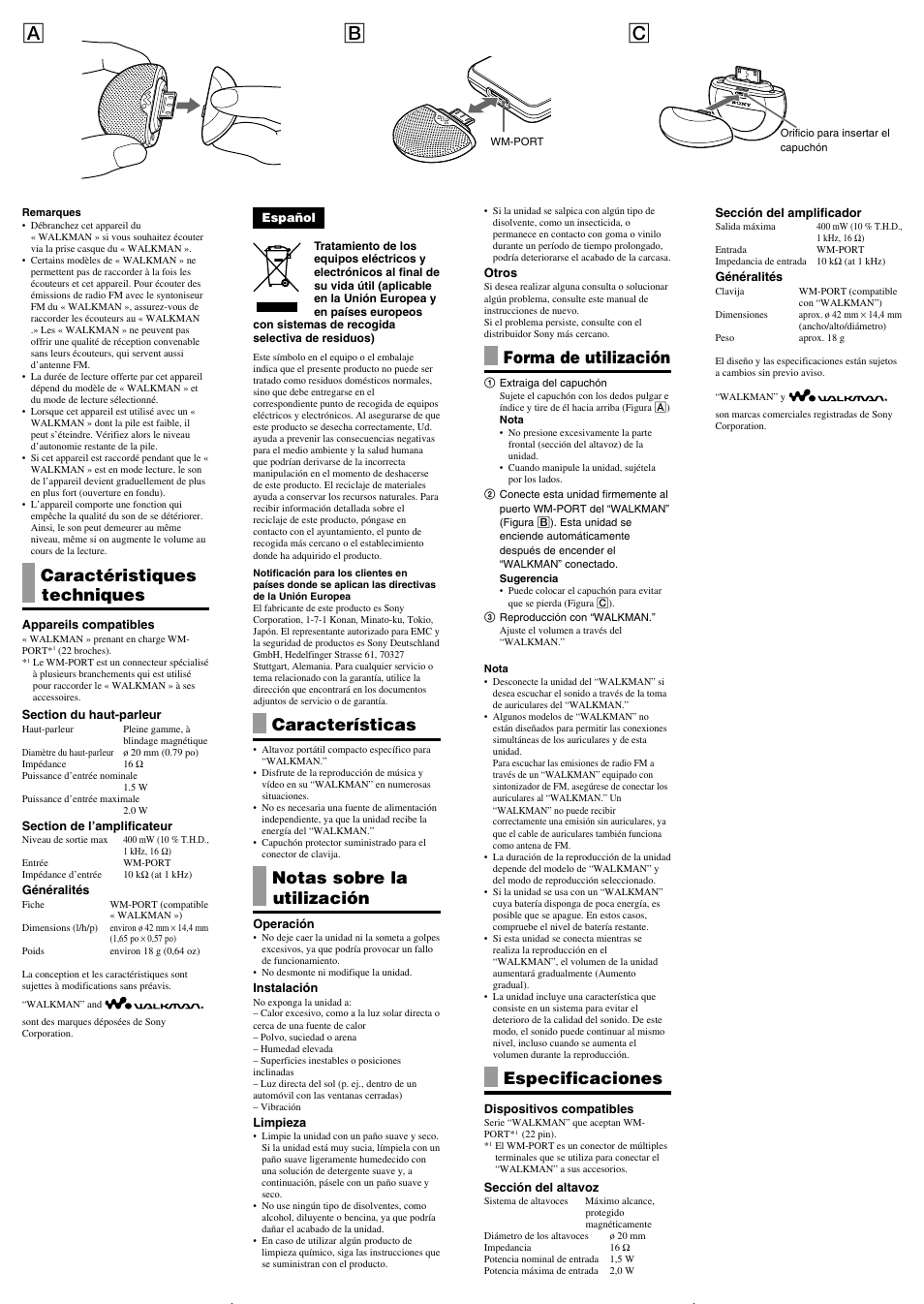 Ab c, Caractéristiques techniques, Características | Notas sobre la utilización, Forma de utilización, Especificaciones | Sony SRS-NWT10M User Manual | Page 2 / 2