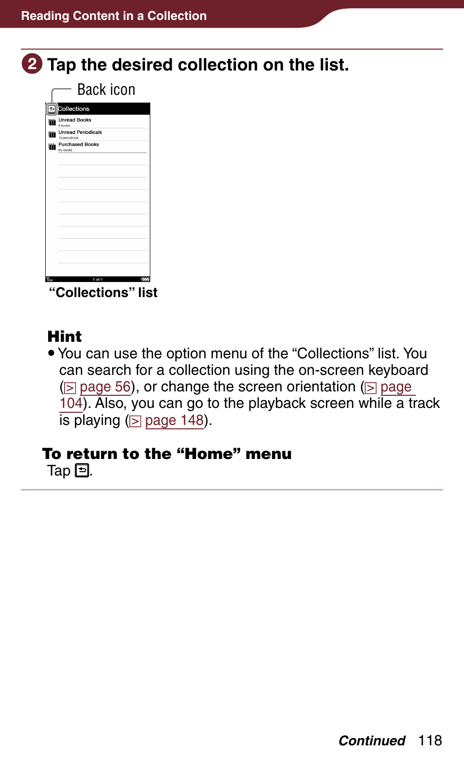 Tap the desired collection on the list | Sony PRS-900BC User Manual | Page 118 / 202