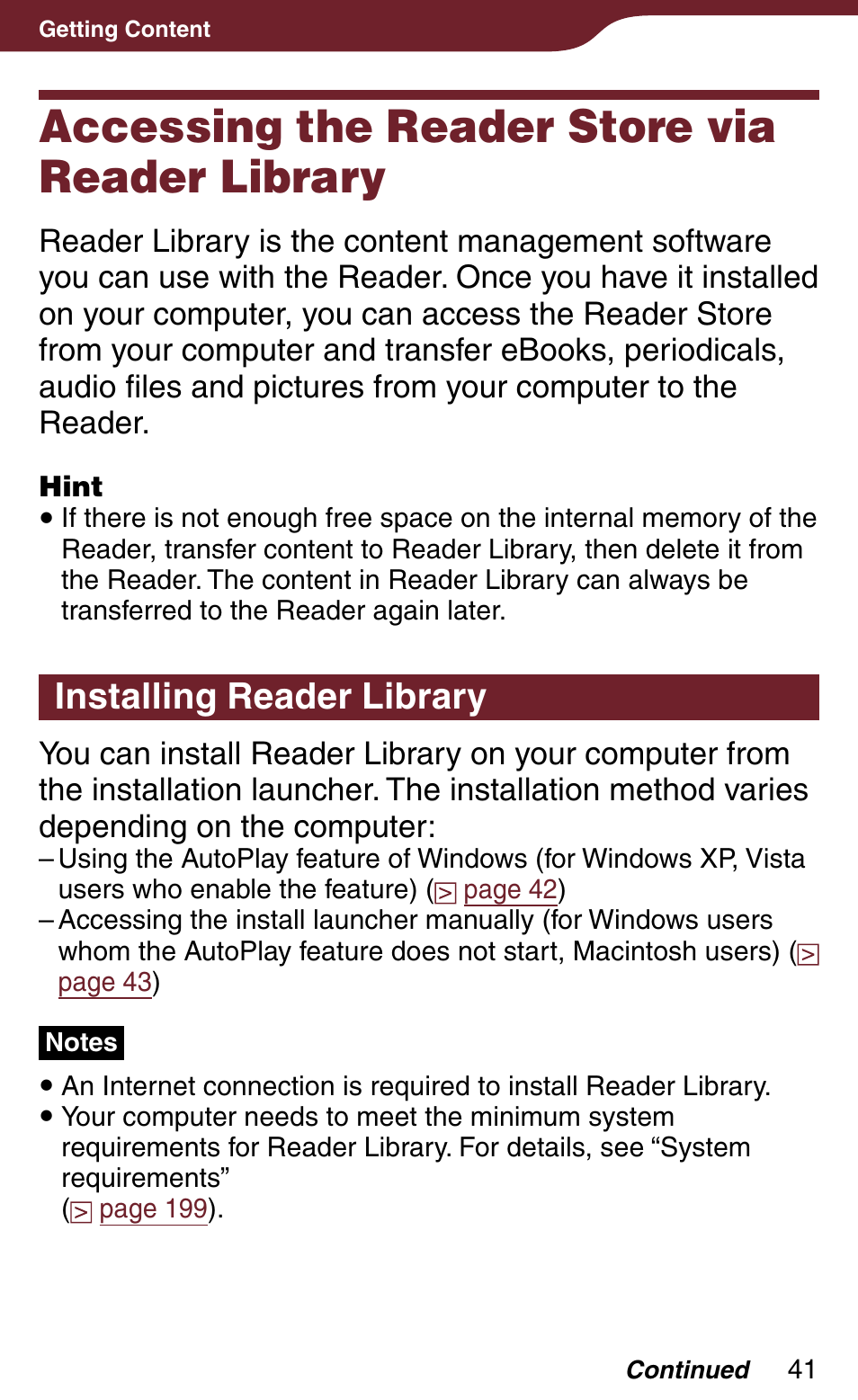 Accessing the reader store via reader library, Accessing the reader store viareader library, Installing reader library | Sony PRS-900BC User Manual | Page 41 / 202