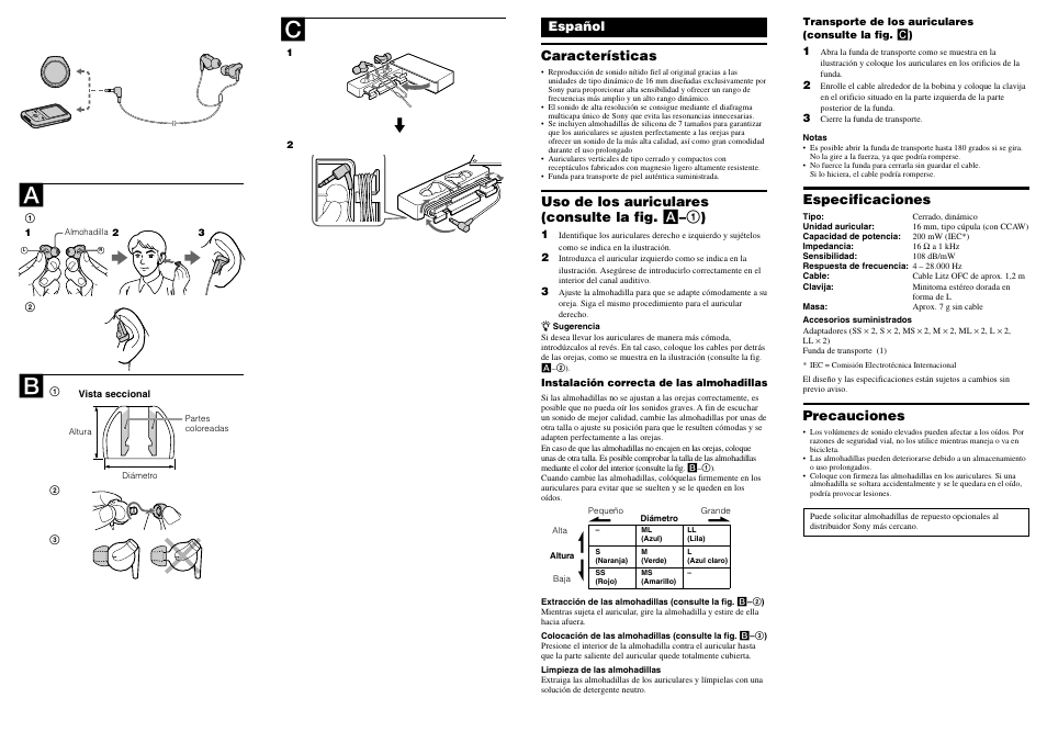 Características, Uso de los auriculares (consulte la fig. a – 1 ), Especificaciones | Precauciones | Sony MDR-EX700LP User Manual | Page 2 / 2