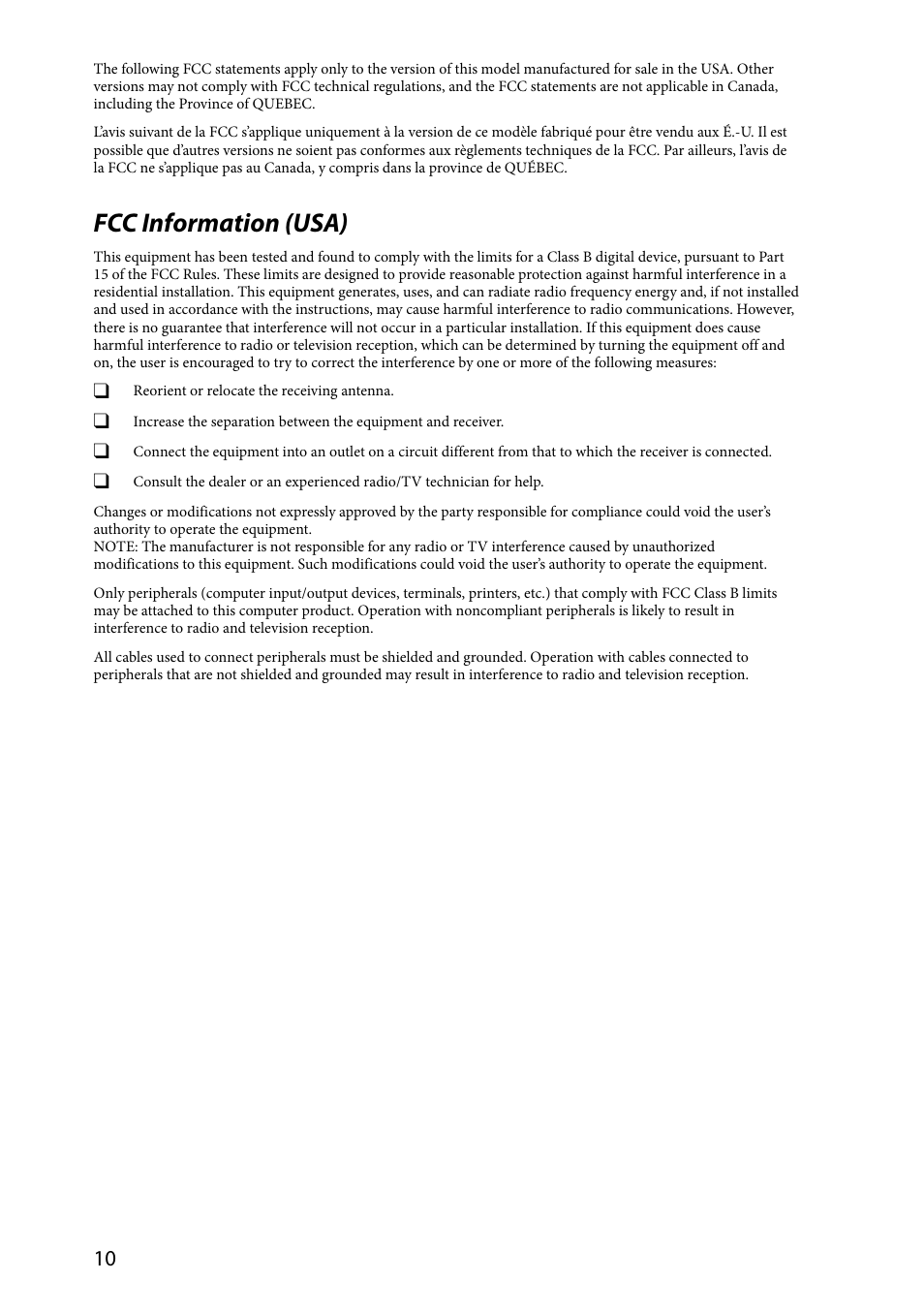 Fcc information (usa) | Sony SVE11113FXW User Manual | Page 10 / 32