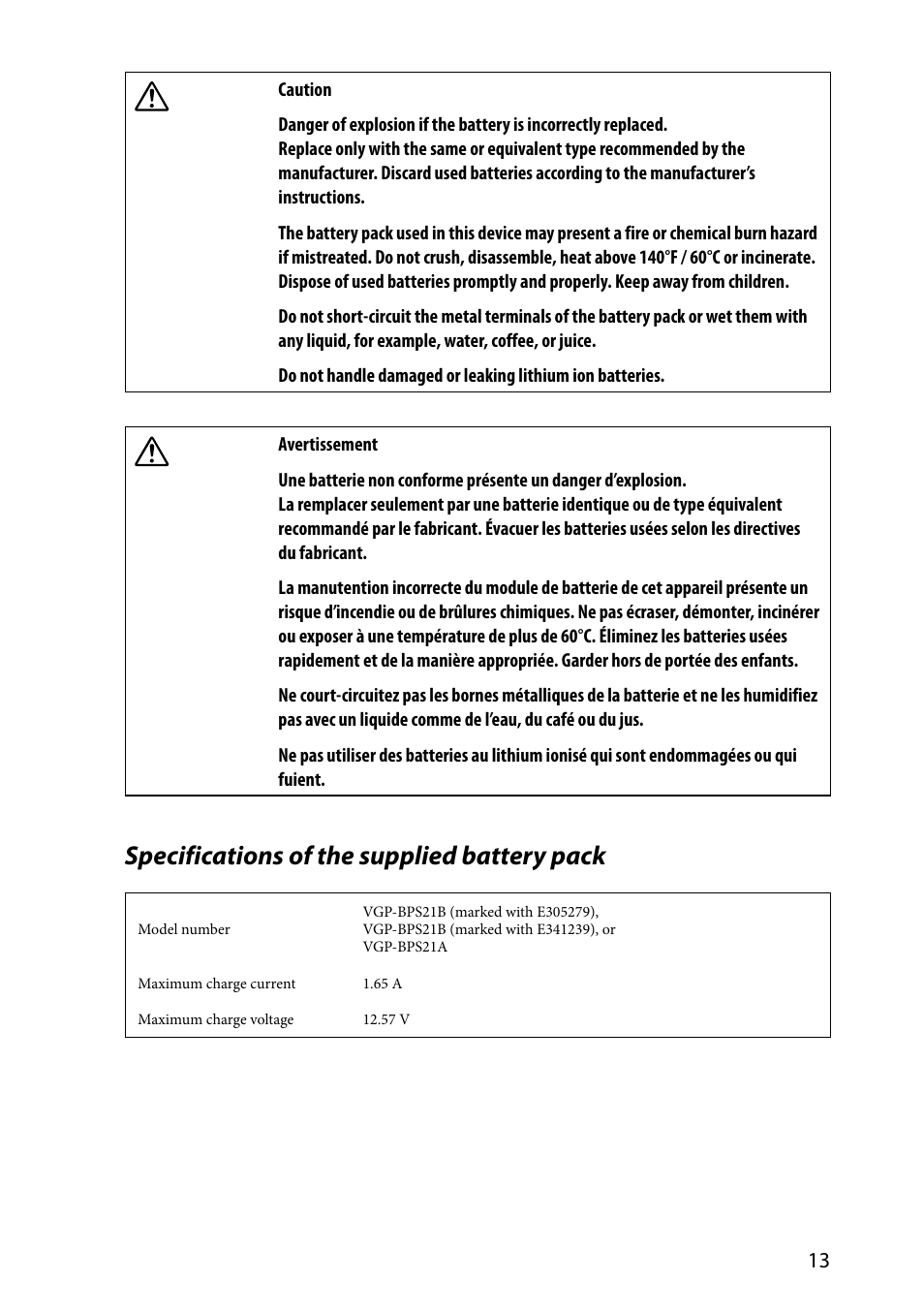 Specifications of the supplied battery pack | Sony SVE11113FXW User Manual | Page 13 / 32