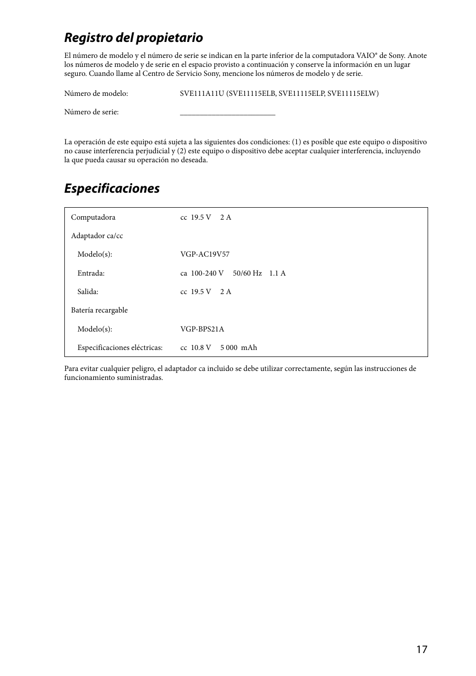 Registro del propietario, Especificaciones | Sony SVE11113FXW User Manual | Page 17 / 32