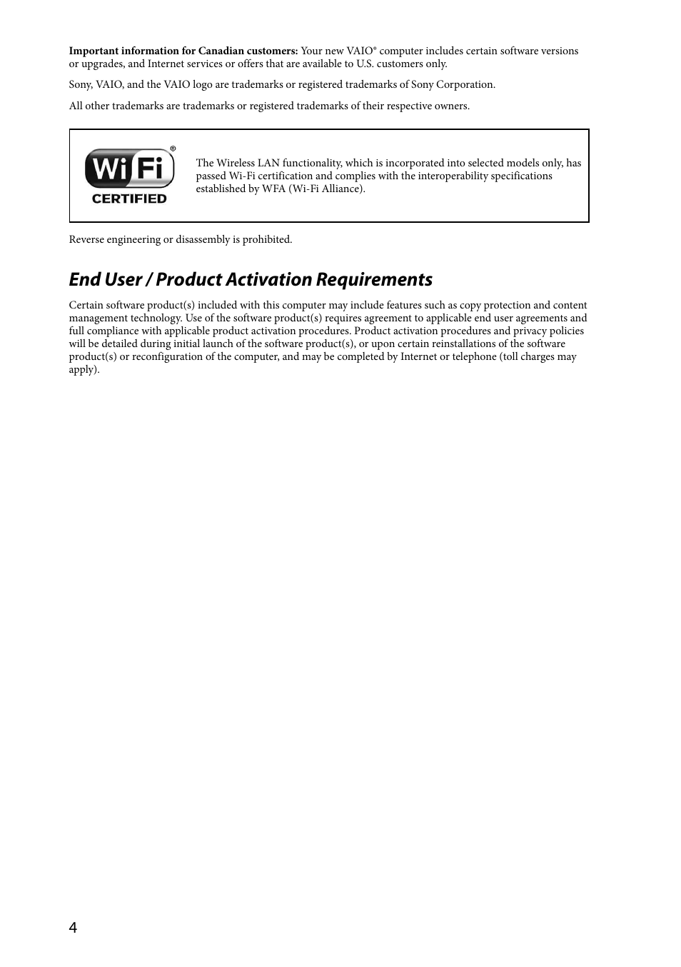 End user / product activation requirements | Sony SVE11113FXW User Manual | Page 4 / 32