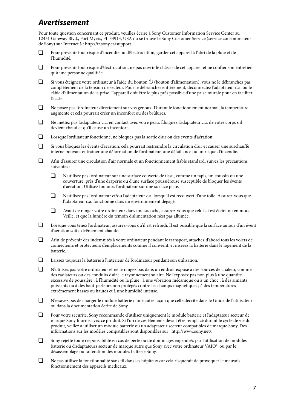 Avertissement | Sony SVE11113FXW User Manual | Page 7 / 32