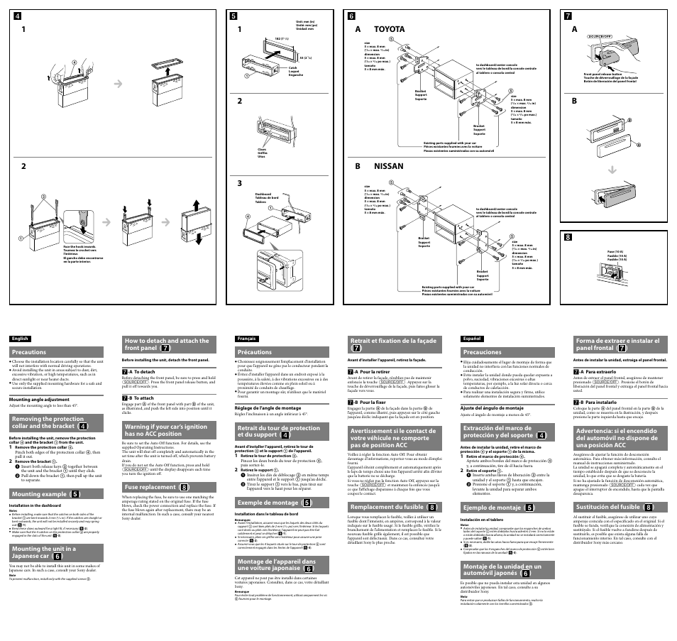 Atoyota b nissan, Précautions, Retrait du tour de protection et du support ( ) | Exemple de montage ( ), Forma de extraer e instalar el panel frontal ( ), Sustitución del fusible ( ), How to detach and attach the front panel ( ), Warning if your car’s ignition has no acc position, Fuse replacement ( ), Precauciones | Sony CDX-GT570UP User Manual | Page 2 / 2