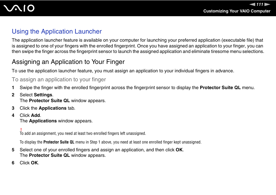 Using the application launcher, Assigning an application to your finger | Sony VGN-UX180P User Manual | Page 111 / 189