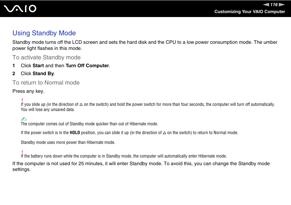 Using standby mode | Sony VGN-UX180P User Manual | Page 116 / 189