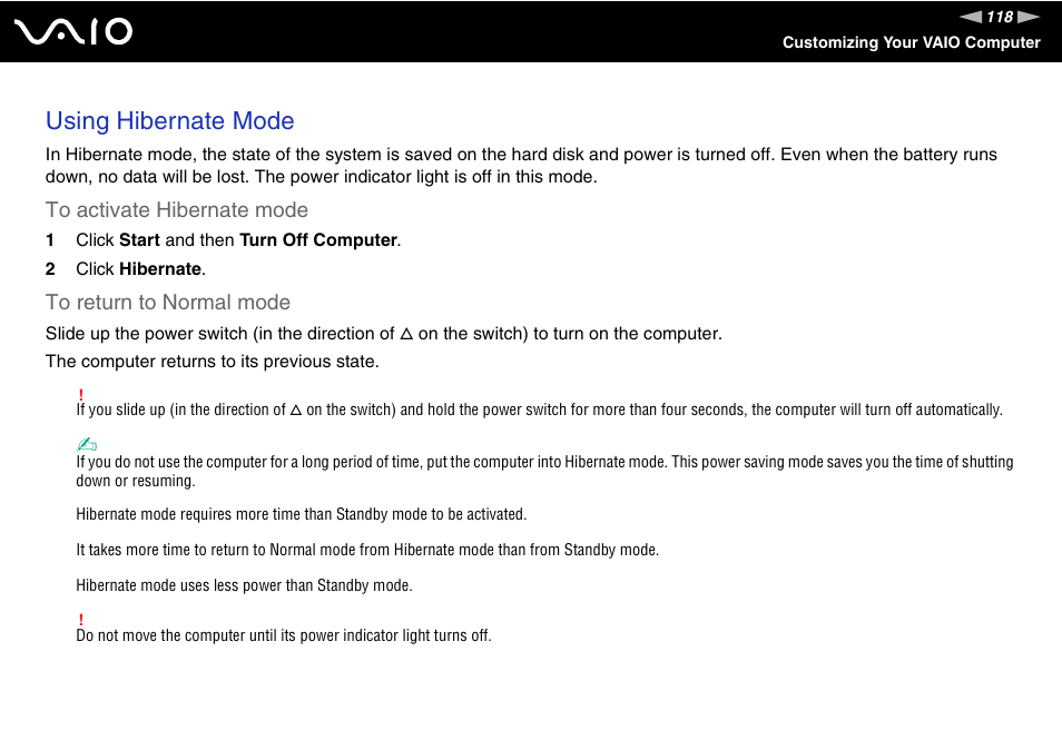 Using hibernate mode | Sony VGN-UX180P User Manual | Page 118 / 189