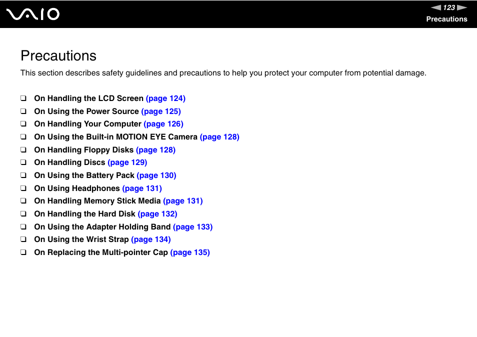 Precautions | Sony VGN-UX180P User Manual | Page 123 / 189