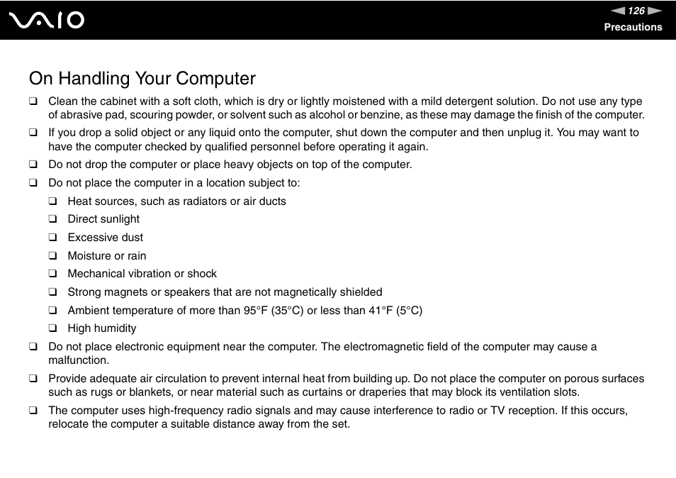 On handling your computer | Sony VGN-UX180P User Manual | Page 126 / 189