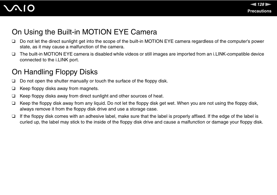 On using the built-in motion eye camera, On handling floppy disks | Sony VGN-UX180P User Manual | Page 128 / 189