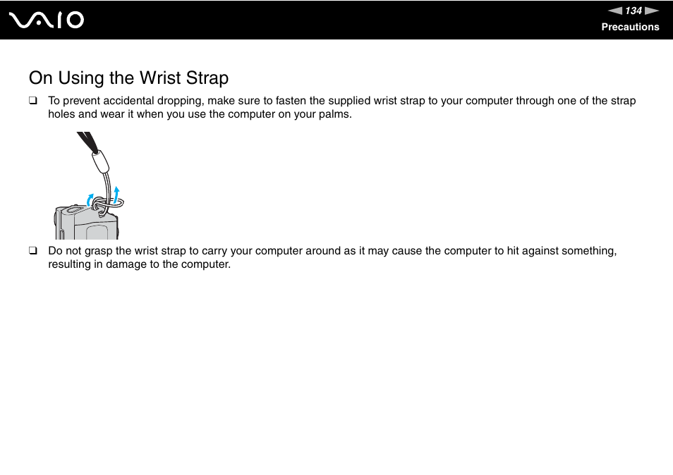 On using the wrist strap | Sony VGN-UX180P User Manual | Page 134 / 189