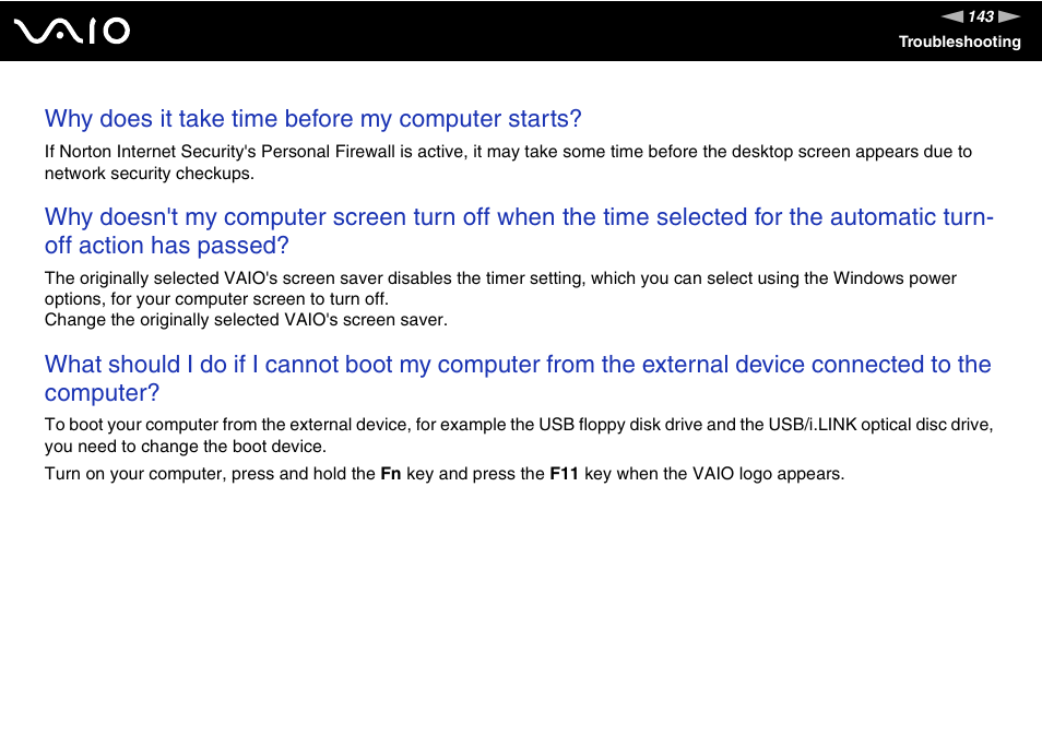 Why does it take time before my computer starts | Sony VGN-UX180P User Manual | Page 143 / 189