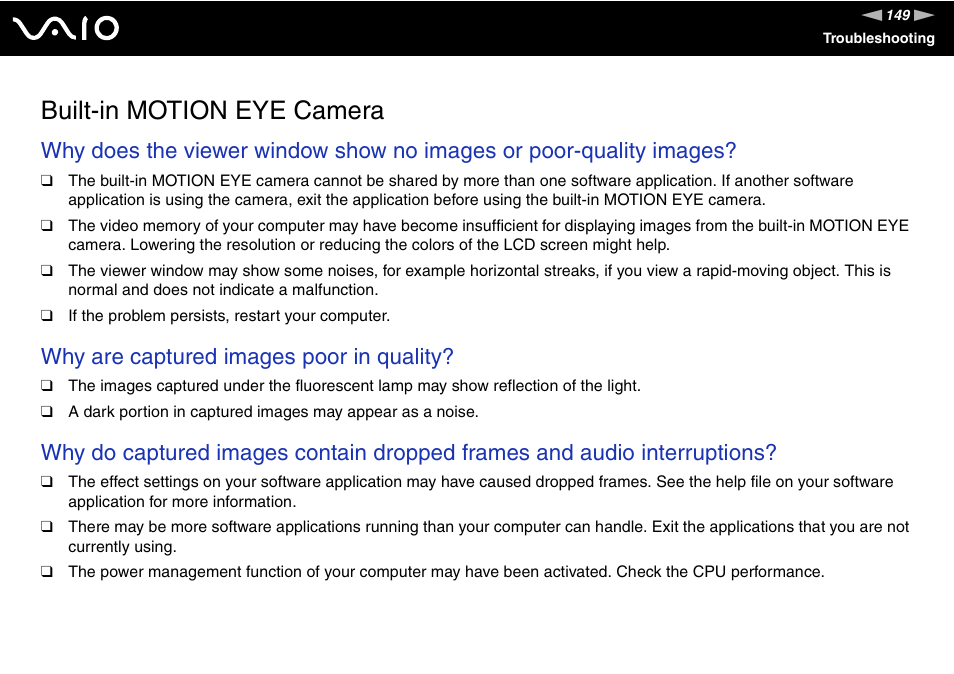 Built-in motion eye camera, Why are captured images poor in quality | Sony VGN-UX180P User Manual | Page 149 / 189