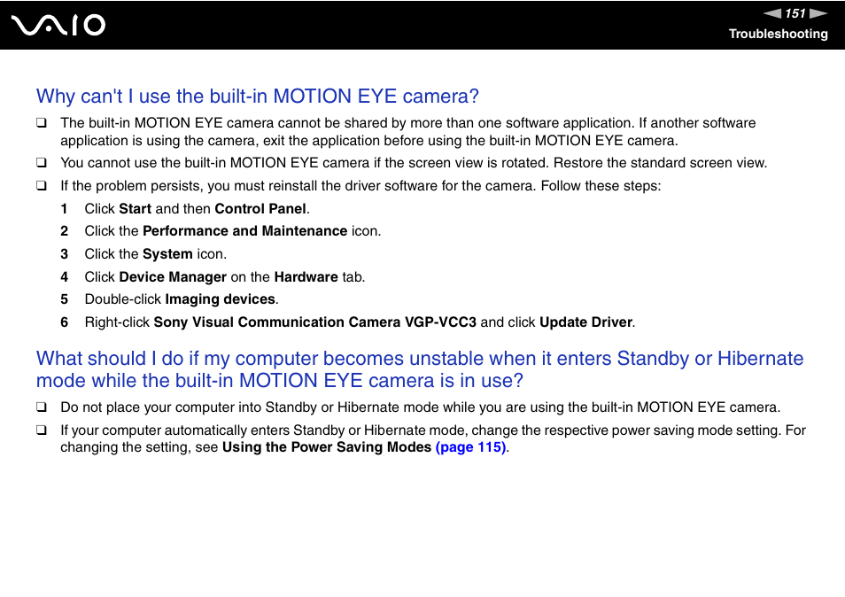 Why can't i use the built-in motion eye camera | Sony VGN-UX180P User Manual | Page 151 / 189