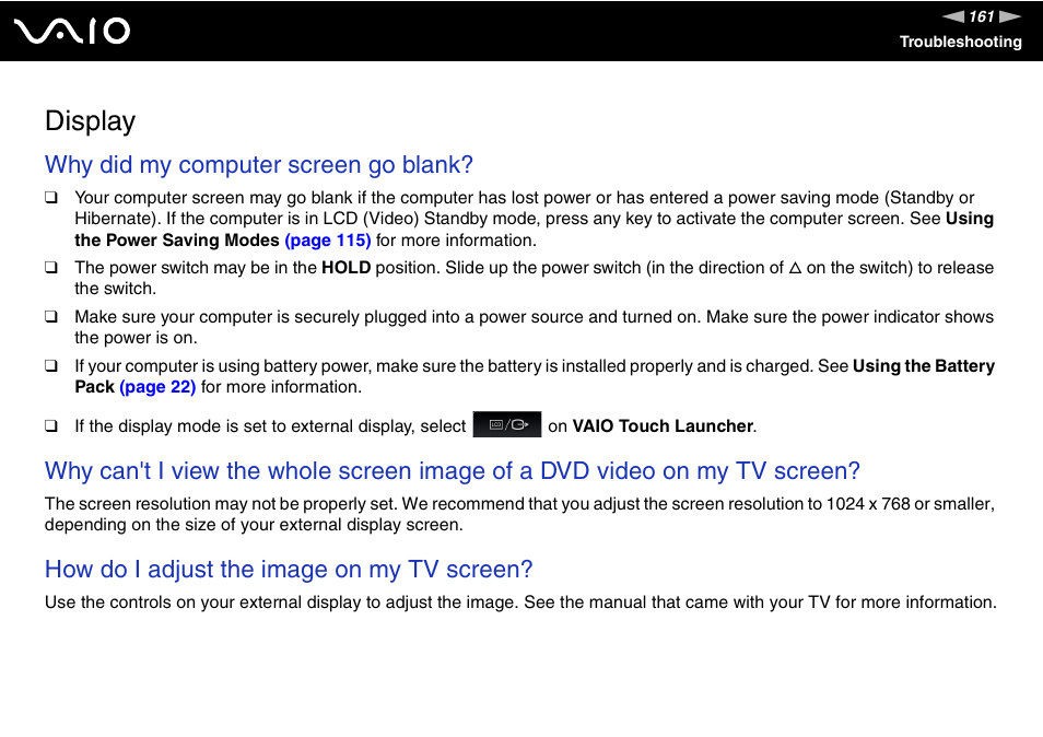 Display, Why did my computer screen go blank, How do i adjust the image on my tv screen | Sony VGN-UX180P User Manual | Page 161 / 189