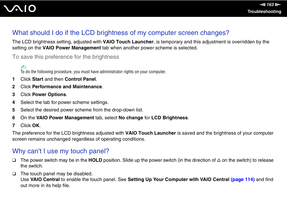 Why can't i use my touch panel | Sony VGN-UX180P User Manual | Page 163 / 189