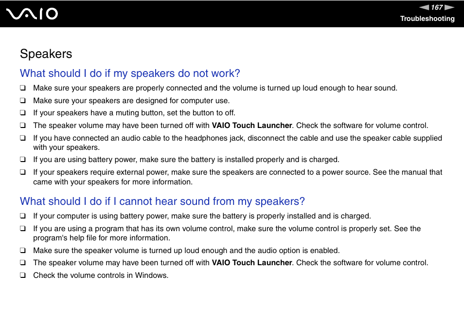 Speakers, What should i do if my speakers do not work | Sony VGN-UX180P User Manual | Page 167 / 189