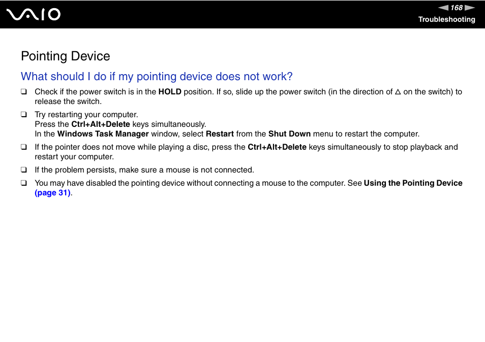 Pointing device | Sony VGN-UX180P User Manual | Page 168 / 189