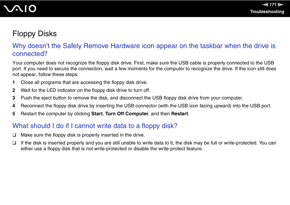 Floppy disks | Sony VGN-UX180P User Manual | Page 171 / 189