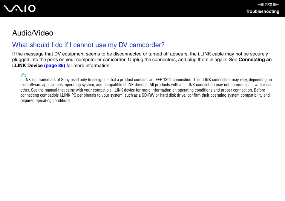 Audio/video, What should i do if i cannot use my dv camcorder | Sony VGN-UX180P User Manual | Page 172 / 189