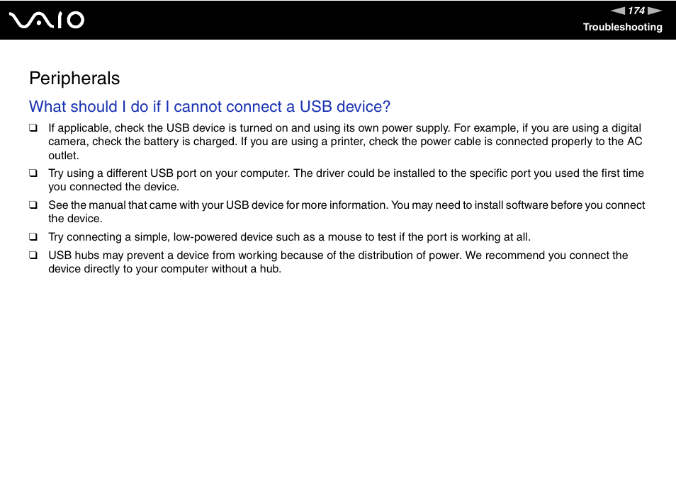 Peripherals, What should i do if i cannot connect a usb device | Sony VGN-UX180P User Manual | Page 174 / 189