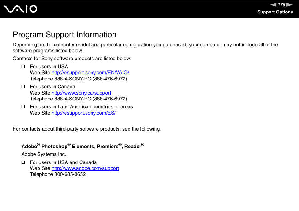 Program support information | Sony VGN-UX180P User Manual | Page 176 / 189