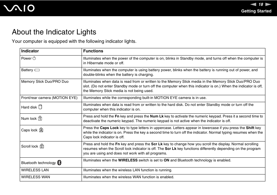 About the indicator lights | Sony VGN-UX180P User Manual | Page 18 / 189